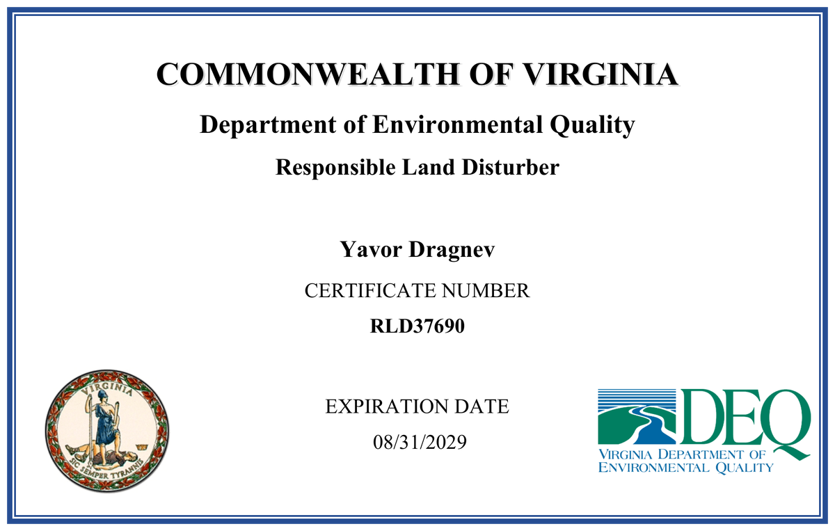Virginia DEQ Responsible Land Disturber certificate for Yavor Dragnev, RLD37690, expiring August 31, 2029
