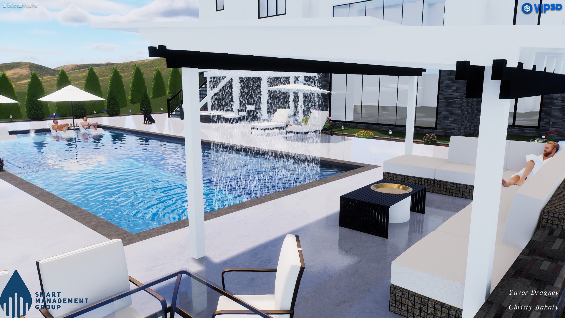 Pool rendering with waterfall wall and covered lounge area