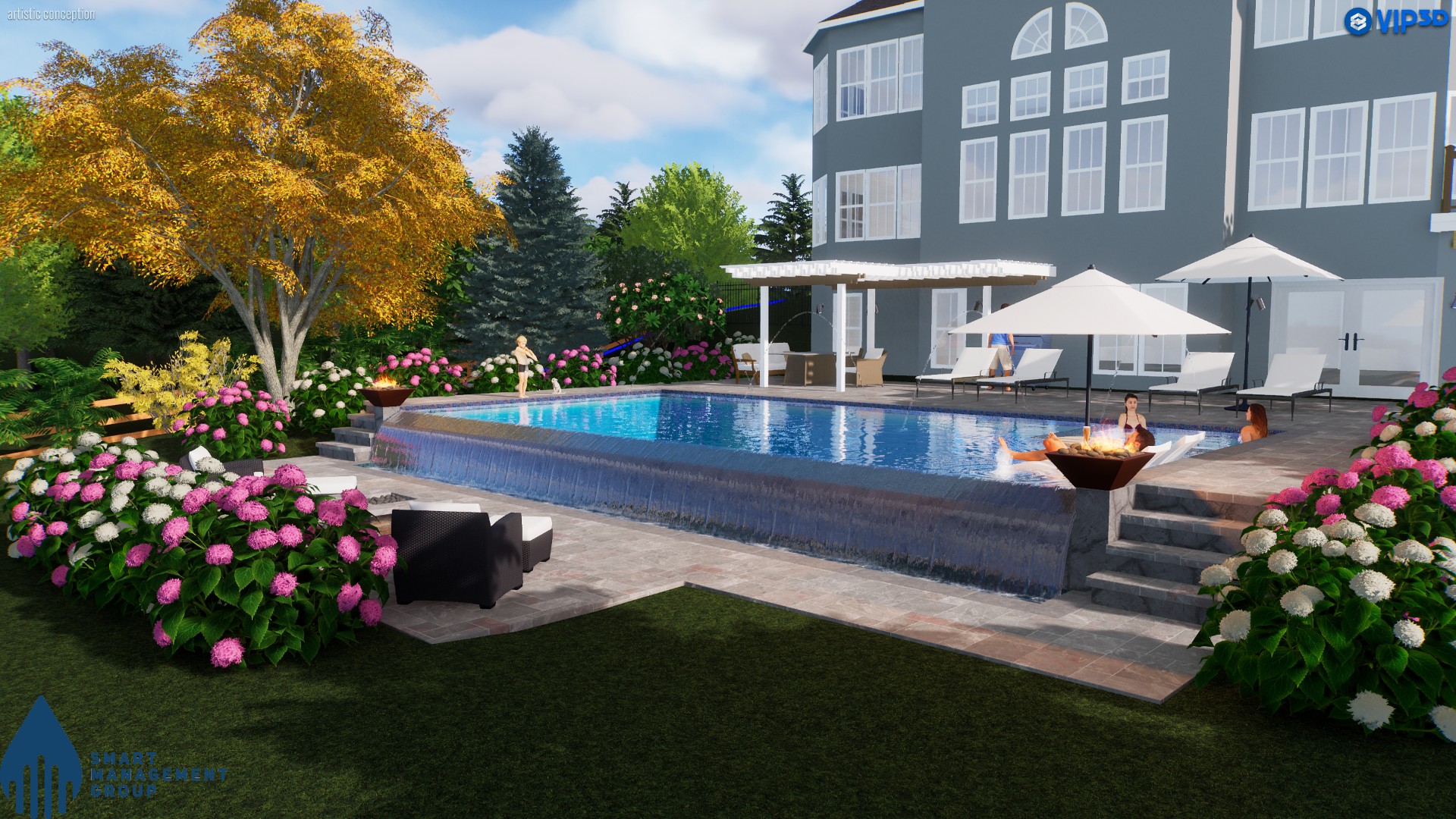 3D rendering of raised pool wall with garden landscaping and patio