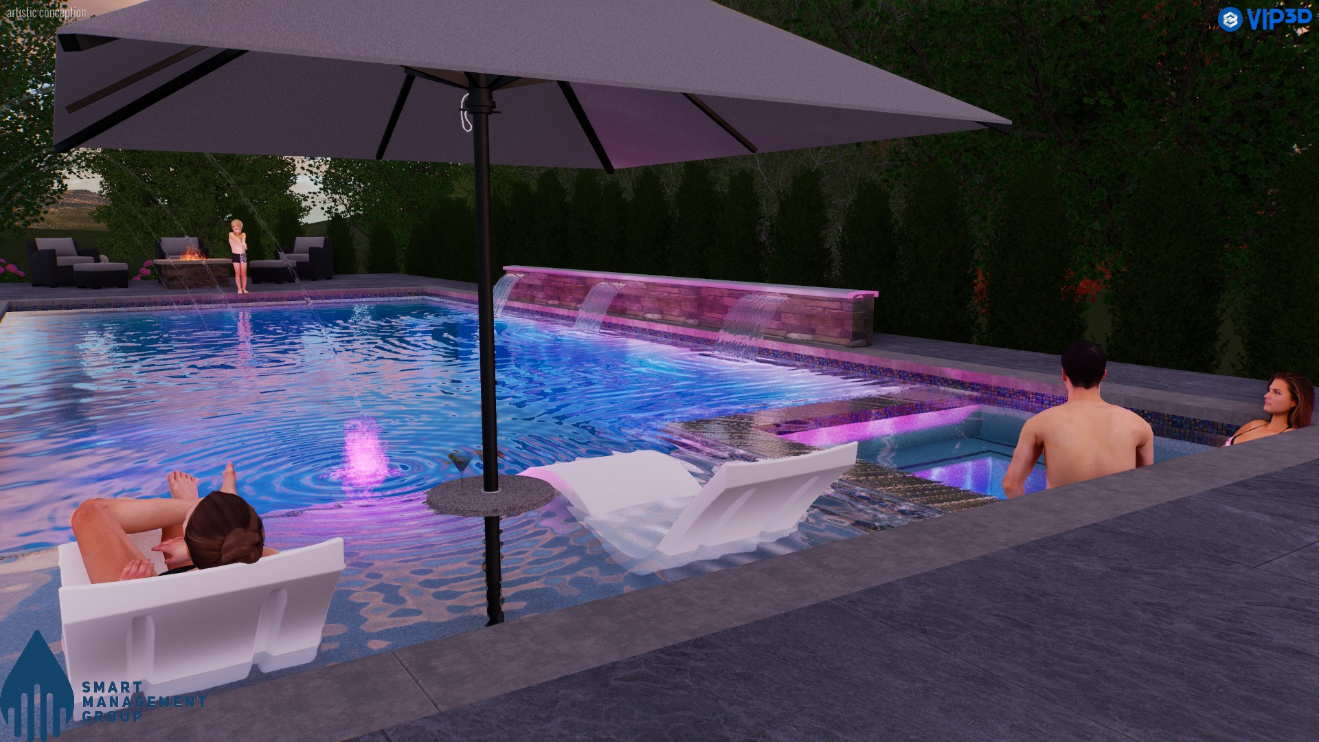 Evening pool and spa rendering with water features and lighting