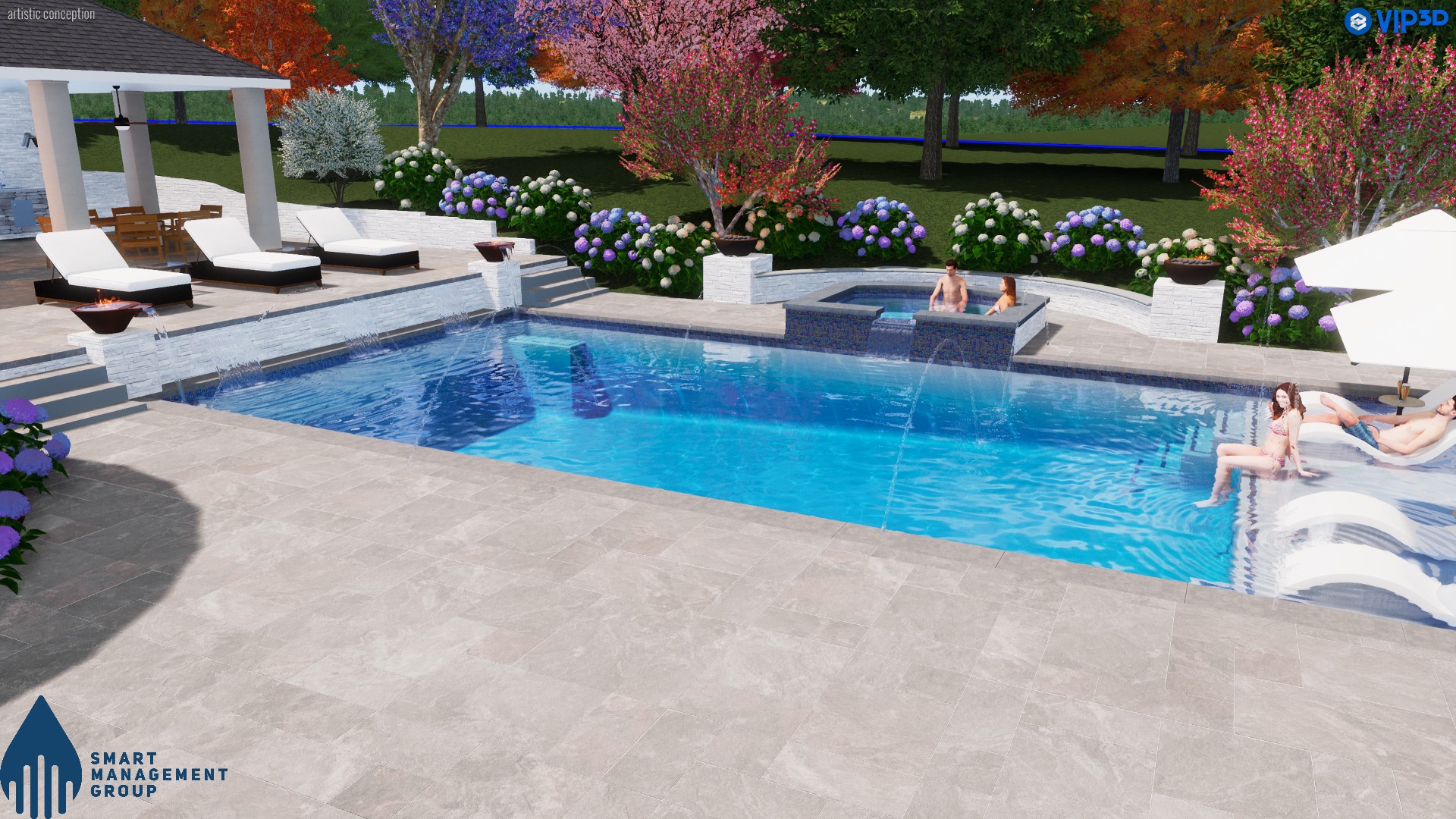 Pool and spa rendering with garden landscaping, raised walls, and water features