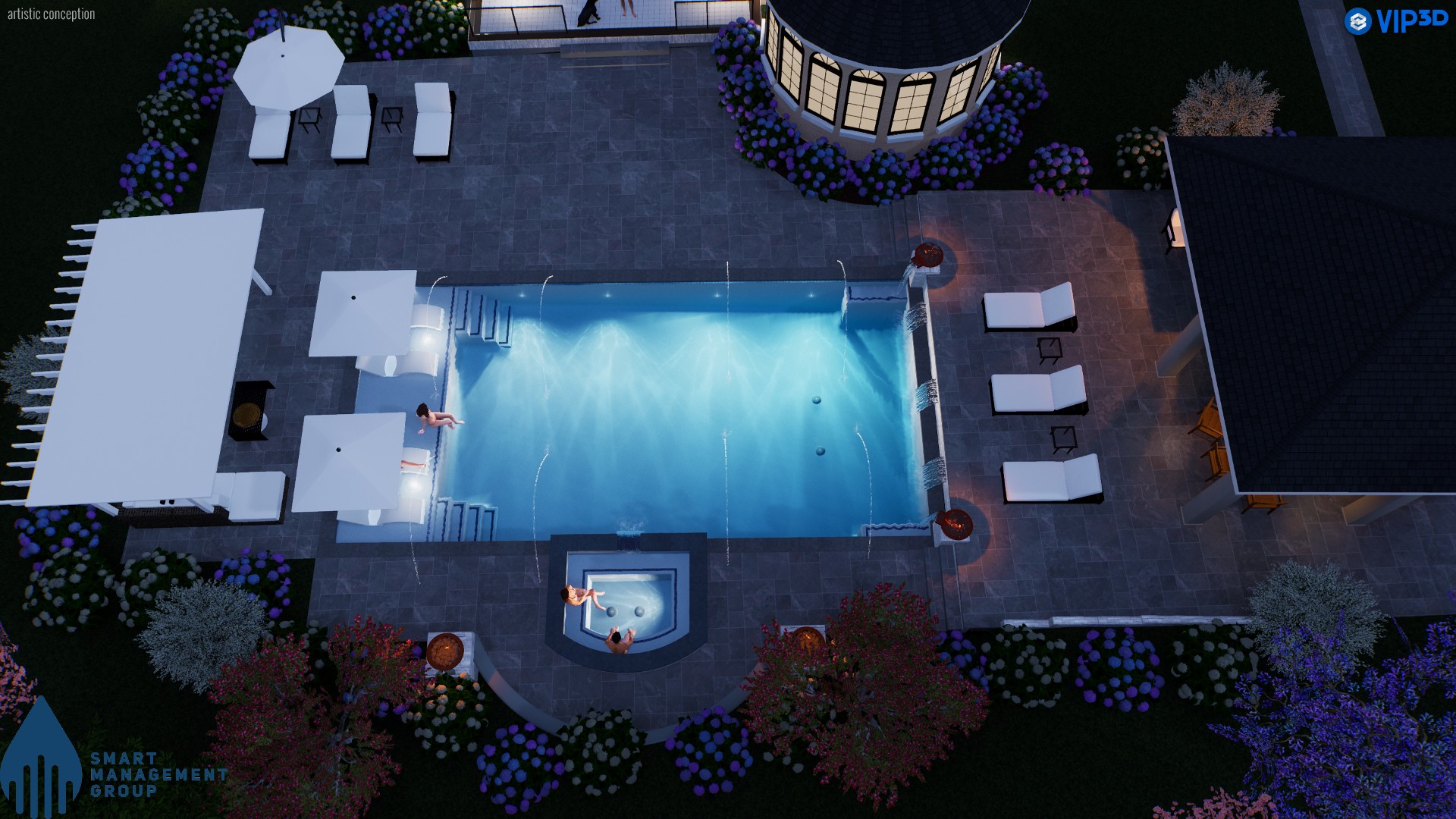 Overhead night rendering of pool, spa, patio, landscape, and water features